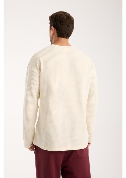 Basic Pamuklu Waffle Kumaş Erkek Sweatshirt – Rahat Kesim Düz Renk Uzun Kol Bisiklet Yaka fiyatları
