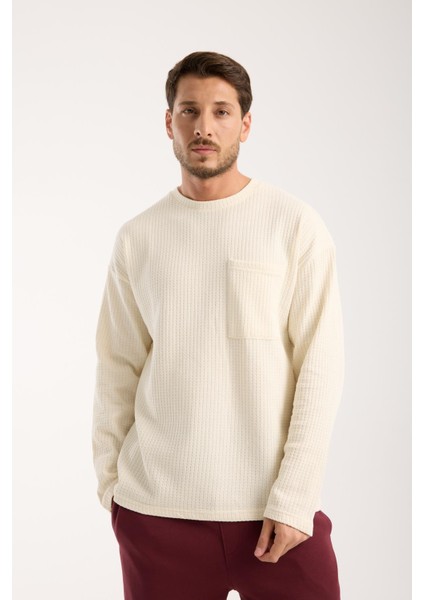 Basic Pamuklu Waffle Kumaş Erkek Sweatshirt – Rahat Kesim Düz Renk Uzun Kol Bisiklet Yaka fırsatları