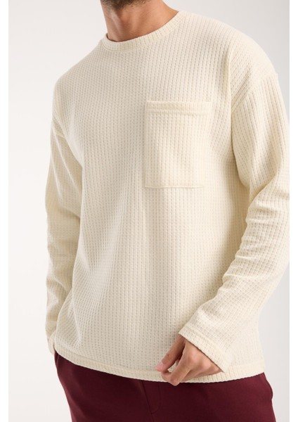 Basic Pamuklu Waffle Kumaş Erkek Sweatshirt – Rahat Kesim Düz Renk Uzun Kol Bisiklet Yaka indirimleri