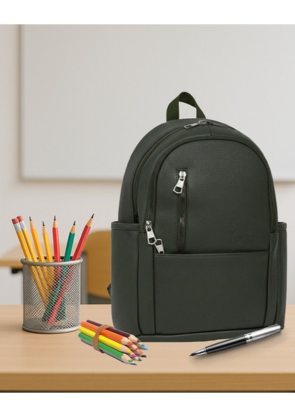 Suni Deri Dört Gözlü Sırt Çantası Yeşil