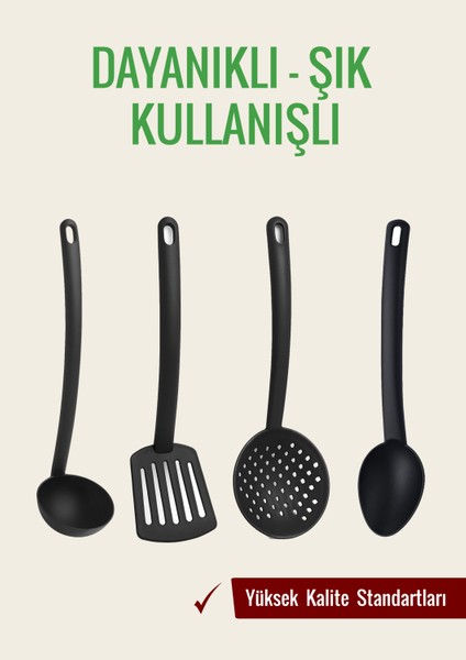 4’lü Mutfak Seti – Kepçe, Kevgir, Spatula, Kaşık – 220°C Dayanıklı Siyah