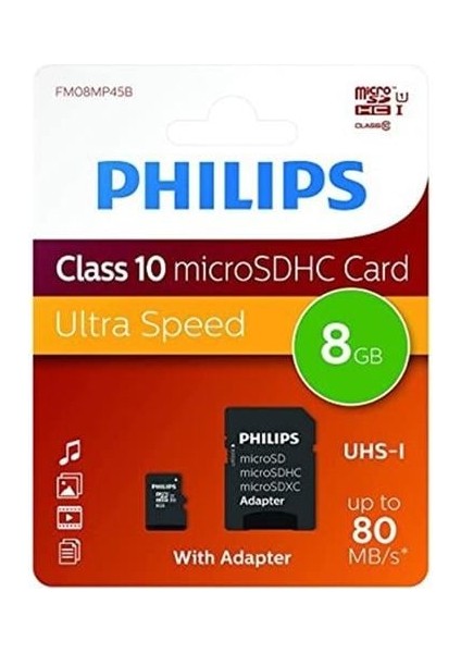 Philips FM08MP45B/00 8gb CLASS10 Uhs-I U1 Tf Adaptörlü Micro Sdhc Hafıza Kartı