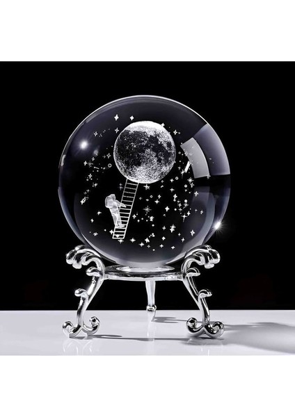 Dekoratif Metal Ayaklı Aya Çıkan Tasarımlı 3D Cam Küre 6cm