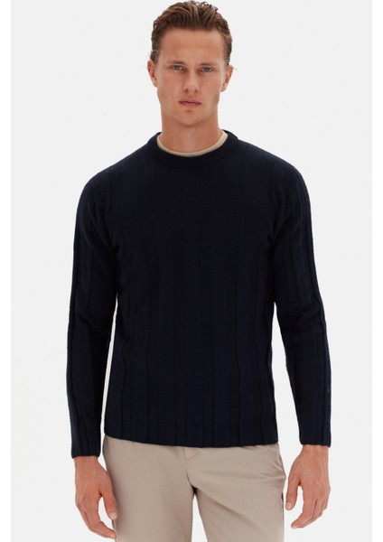 Slim Fit Lacivert Rib Örgü Kazak