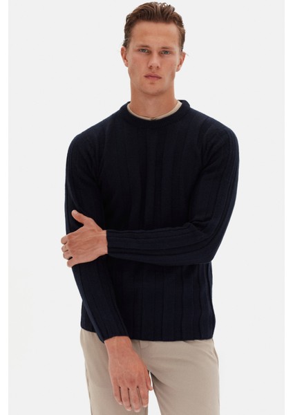 Slim Fit Lacivert Rib Örgü Kazak modelleri