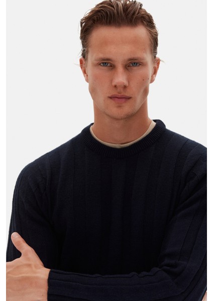 Slim Fit Lacivert Rib Örgü Kazak fırsatları