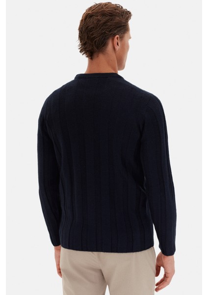 Slim Fit Lacivert Rib Örgü Kazak