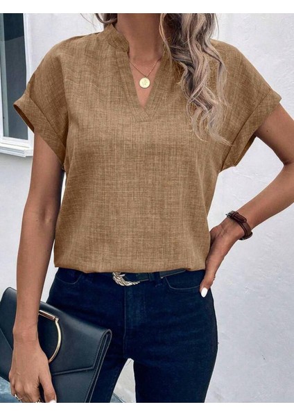Kadın V Yaka Sofya Keten Kumaş Tişört (Renkli)