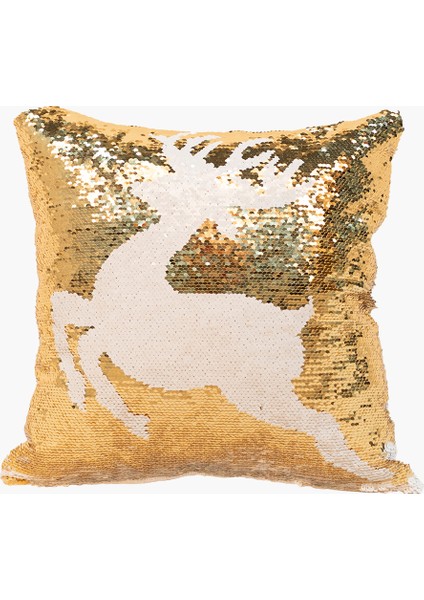 Beyaz, Altın Payetli Geyik Motifli Yastık 40CM
