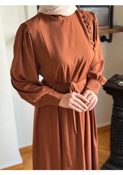 Kahverengi Yandan Kaplama Düğmeli Elbise 5086