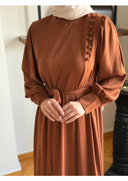 Kahverengi Yandan Kaplama Düğmeli Elbise 5086 modelleri