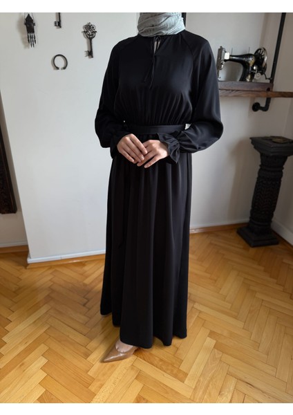 Siyah Reglan Kol Bel Lastikli Elbise 5077 modelleri