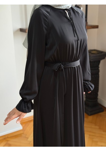 Siyah Reglan Kol Bel Lastikli Elbise 5077 fırsatları