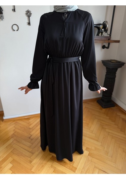 Siyah Reglan Kol Bel Lastikli Elbise 5077 indirimleri