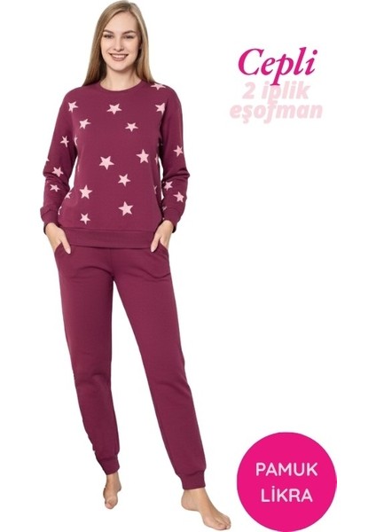 Kadın Yıldız Bisiklet Yaka Düğmesiz Bilek Manşetli 2 Iplik Cepli Kışlık Jogger Eşofman Pijama Takımı