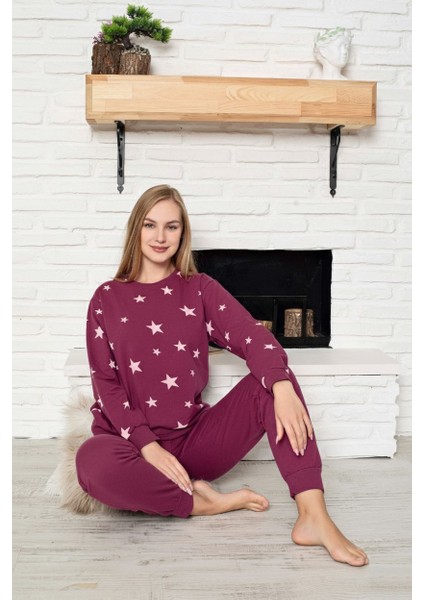 Kadın Yıldız Bisiklet Yaka Düğmesiz Bilek Manşetli 2 Iplik Cepli Kışlık Jogger Eşofman Pijama Takımı modelleri