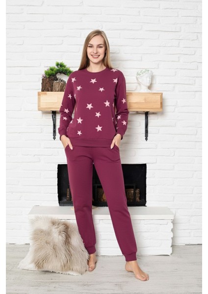 Kadın Yıldız Bisiklet Yaka Düğmesiz Bilek Manşetli 2 Iplik Cepli Kışlık Jogger Eşofman Pijama Takımı fırsatları