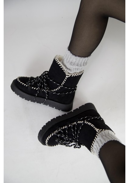 219851141-1S Kadın Yumuşak Rahat Kürklü Bot - Tekstil Süet Kışlık Siyah Bot