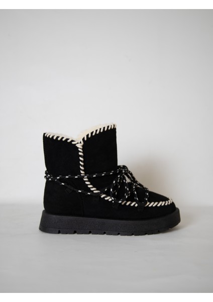 219851141-1S Kadın Yumuşak Rahat Kürklü Bot - Tekstil Süet Kışlık Siyah Bot
