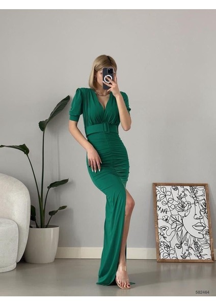 Kruvaze Yaka Kemerli Önden Yırtmaç Sandy Elbise 582464 Zümrüt