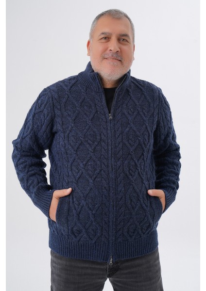 Büyük Beden Erkek Cepli Fermuarlı Yürütme Saç Örgülü Yün Hırka TRIST-2120