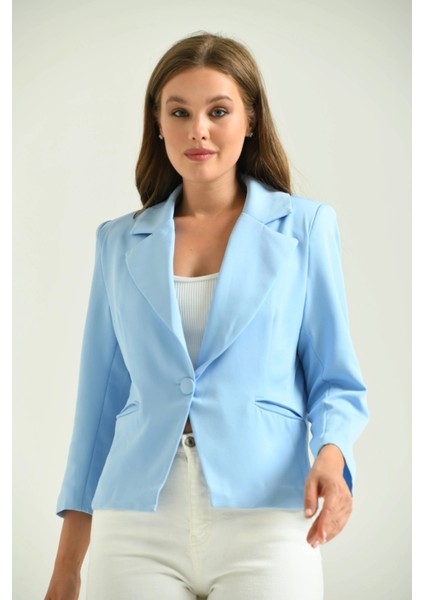 Kadın Blazer Ceket Bel Boy Vatkalı Tek Düğmeli Blazer Mavi - T026