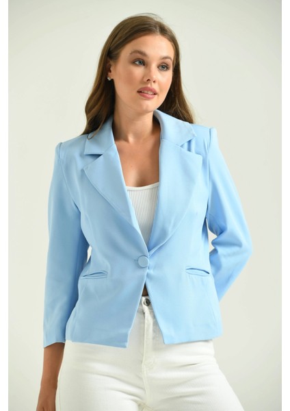 Kadın Blazer Ceket Bel Boy Vatkalı Tek Düğmeli Blazer Mavi - T026 fiyatları