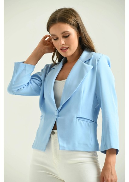 Kadın Blazer Ceket Bel Boy Vatkalı Tek Düğmeli Blazer Mavi - T026 modelleri