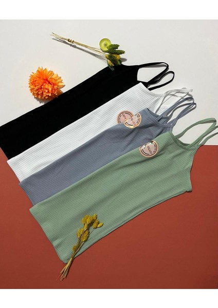 Kadın Atlet- Bluz Pamuklu, Likralı Fitilli 4 Adet Ip Askılı Atlet Yeşil, Gri, Siyah,beyaz (Kota)