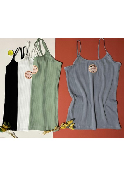 Kadın Atlet- Bluz Pamuklu, Likralı Fitilli 4 Adet Ip Askılı Atlet Yeşil, Gri, Siyah,beyaz (Kota) fiyatları