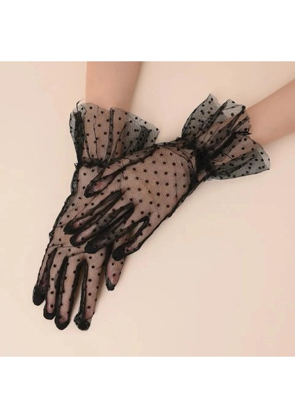 Kısa Boy Güpürlü Siyah Puantiyeli Tül Eldiven Siyah Renk modelleri
