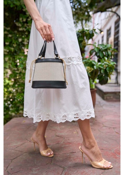 Kanvas- Siyah Kadın Bohem Tarzı Kova El ve Omuz Çantası