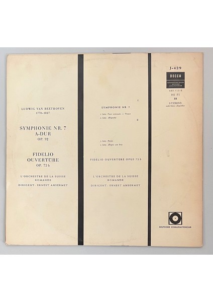Beethoven L'orchestre De La Suisse Romande, Ansermet Symphonie Nr. 7 A - Dur Op. 92 / Fidelio Overtüre Op. 72 Lp Plak (Orijinal Dönem Alman Baskı Plak) fiyatları