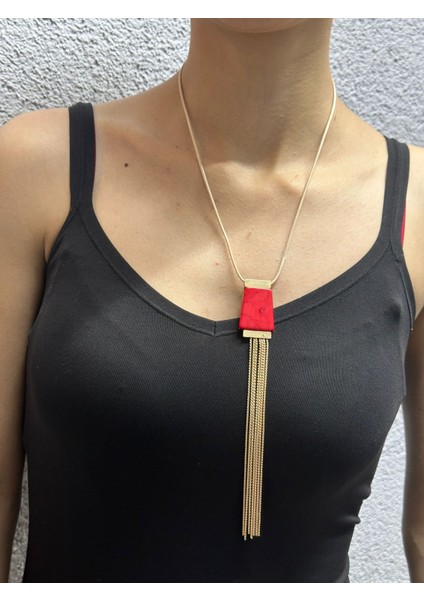 Kırmızı Püskül Zincir Uçlu Kadın Kolye 23 cm