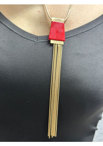 Kırmızı Püskül Zincir Uçlu Kadın Kolye 23 cm fiyatları