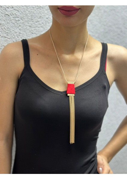 Kırmızı Püskül Zincir Uçlu Kadın Kolye 23 cm modelleri