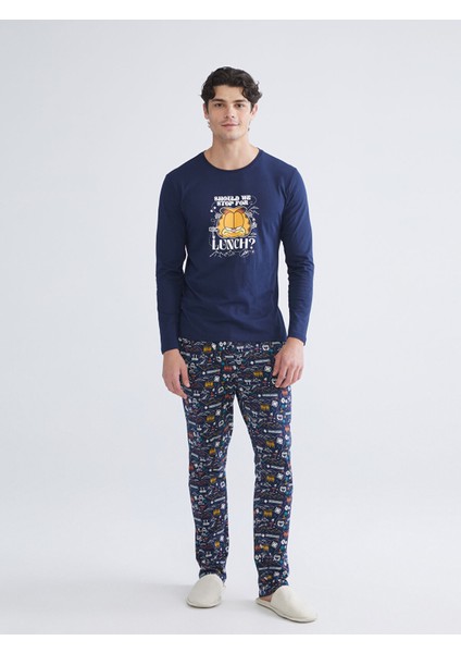 Yeni Sezon Standart Kalıp Garfield Baskılı Erkek Pijama Takımı