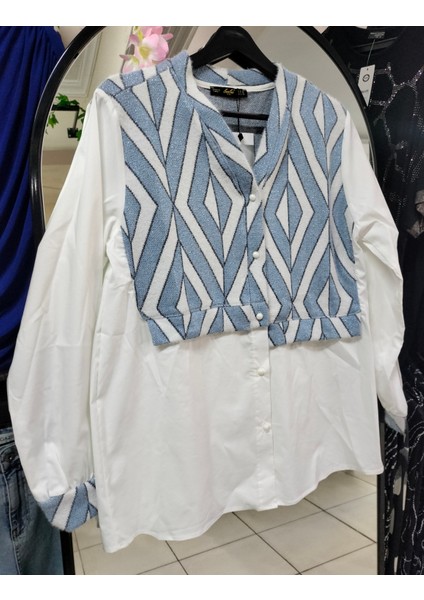 Kadın Mavi Detaylı Beyaz Gömlek