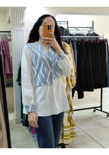 Kadın Mavi Detaylı Beyaz Gömlek fiyatları