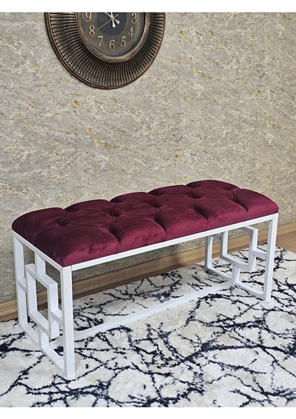 ZAFİR Beyaz Boyalı İçi Kareli Diktörtgen 100 cm x 40 cm Oturak Puf - Bench - Makyaj Oturağı - Oturak Bordo Renk 100 x 40 Boyut/Ebat