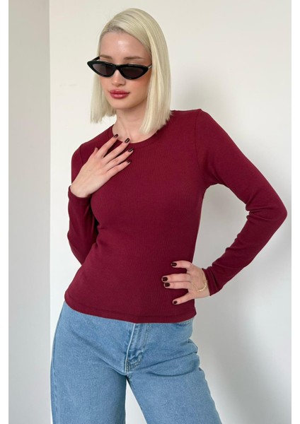 Bordo Bisiklet Yaka Slim Fit Kadın Body MG2564 fırsatları