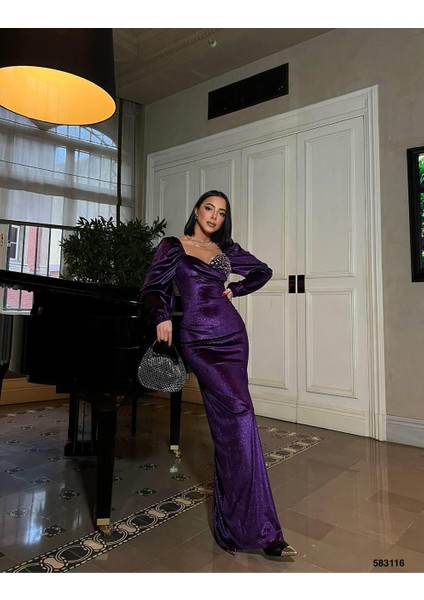 Tek Göğüs Taşlı Simli Kadife Abiye Elbise Mor 583116