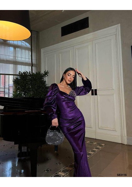 Tek Göğüs Taşlı Simli Kadife Abiye Elbise Mor 583116 modelleri