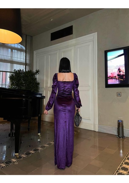 Tek Göğüs Taşlı Simli Kadife Abiye Elbise Mor 583116 fırsatları