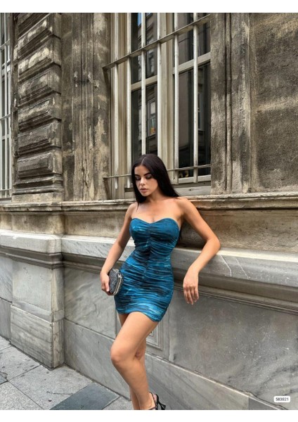 Straplez Yaka Büzgülü Mini Tül Elbise 583021 Mavi