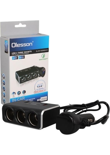 Olesson 1639 12-24V 3lü Çift Usbli 120W 80CM Kablolu Dijital Ekranlı Araç Çakmak Çoklayıcı