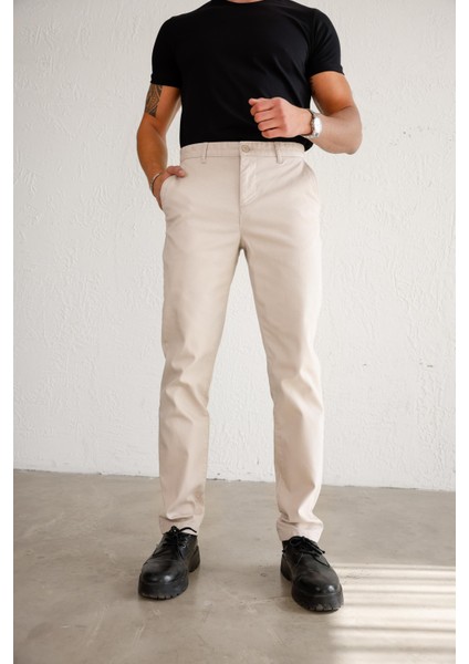 Erkek Armürlü Slim Fit Bej Pantolon