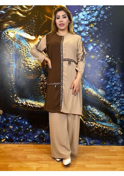 Takım Tunik Pantolon Kadın Üç Rengi Renk Bloklu Etnik Desenli Oversize Bisiklet Yaka Krep Kumaş