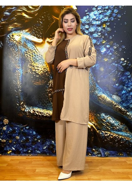 Takım Tunik Pantolon Kadın Üç Rengi Renk Bloklu Etnik Desenli Oversize Bisiklet Yaka Krep Kumaş fiyatları