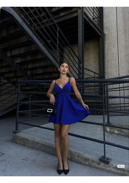 Ince Askılı Kruvaze Yaka Simli Elbise 582115 Saks modelleri